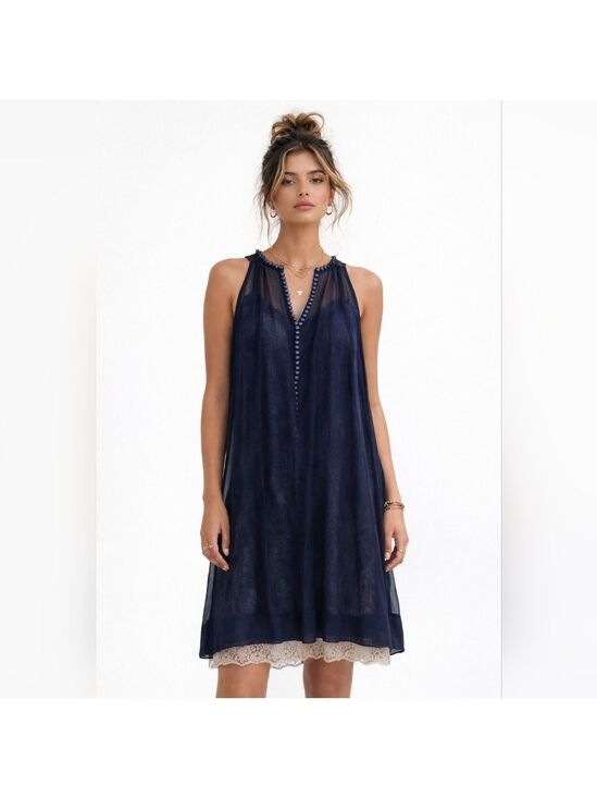 BCBGMaxAzria Dresses & Skirts - BCBGMaxAzria Vintage Y2K Navy Silk Sheer Slip Dress Lace Overlay Size 4 Romantic